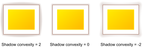Convex, normal and concave shadows behind a colored rectangle with a white margin and a brown border